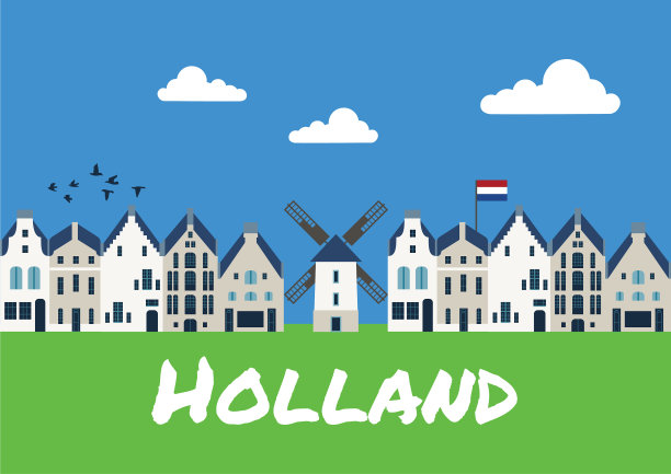 传统的荷兰房屋和磨坊图片下载