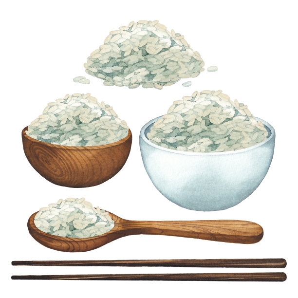 收集水彩画的木棒、勺子、碗和大把大把的米饭。图片下载