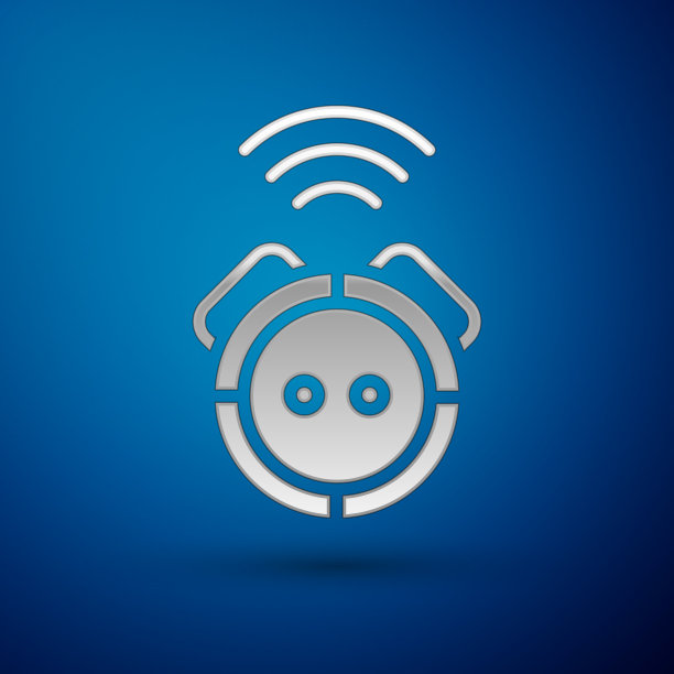 银色机器人吸尘器图标隔离在蓝色图片下载