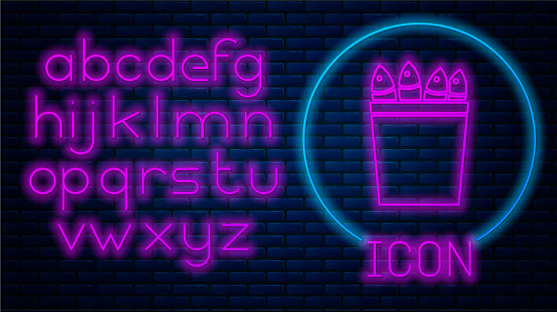 发光的霓虹灯钓鱼桶与鱼的图标图片下载