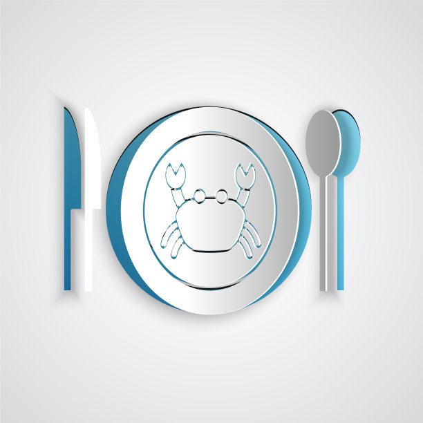 剪纸上的螃蟹在盘子上孤立的图标图片下载