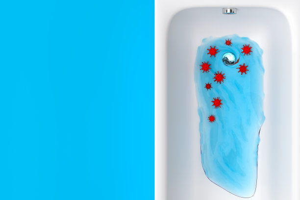 在蓝色背景上用水和病毒洗澡。冠状病毒感染传播期间的卫生观念。3 d渲染。图片下载