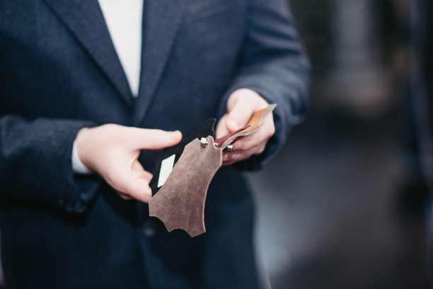 设计师手中的布料样品，缝制衣服和家具的皮革材料图片下载