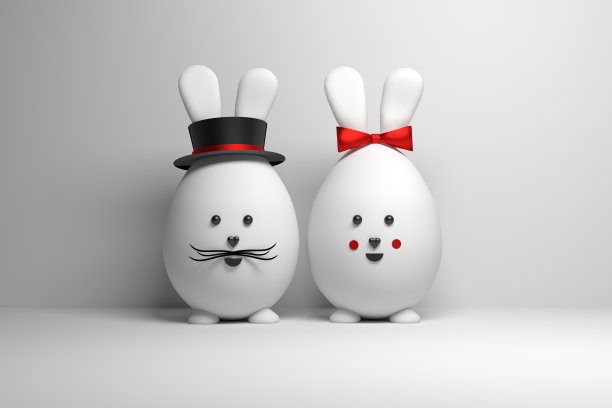 两个长着兔子兔耳朵的复活节人物图片下载