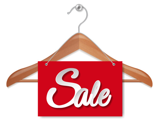 木制衣架与销售纸横幅隔离图片下载