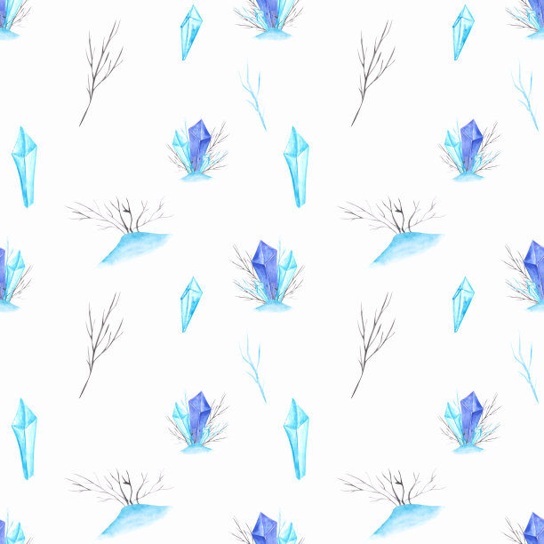 水彩晶体和分支无缝模式上的白色背景。水彩冬季无尽印花。蓝色和蓝绿色的冰雪墙纸。图片下载
