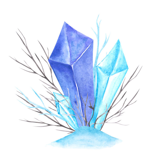 水彩晶体和树枝花束在雪孤立在白色的背景。蓝色手绘冬季插图为您的设计。雪中的极地花朵。图片下载