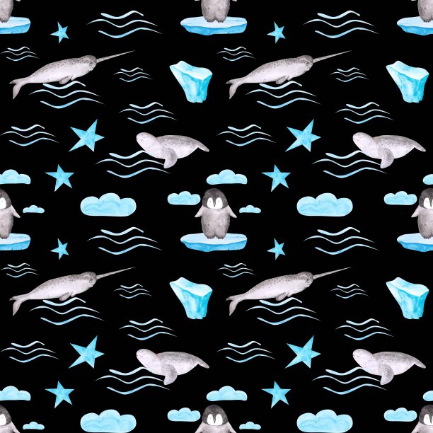 苗圃水彩极地动物无缝模式上的黑色背景。手绘的独角鲸，海豹，小企鹅，星星，云彩无尽的打印。墙纸。图片下载