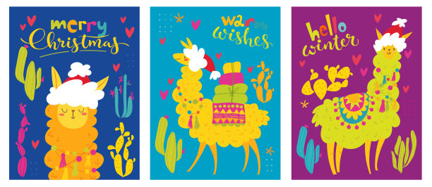 印有羊驼或喇嘛人物和愿望的圣诞海报。图片下载