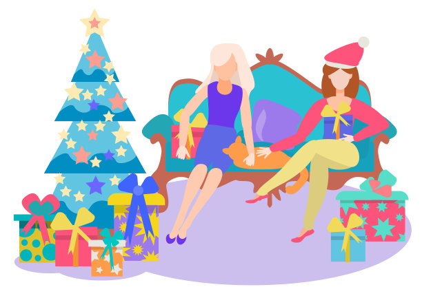 温馨的房间为新年而装饰。年轻的女孩们拿着礼物坐在圣诞树旁边的沙发上。平面风格的矢量插图。图片下载