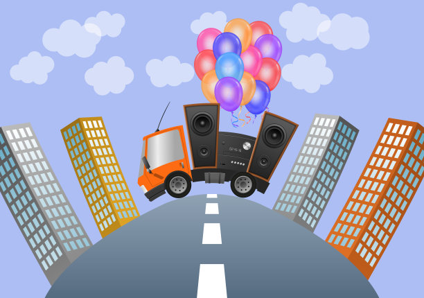 城市汽车和高保真扬声器插图图片下载