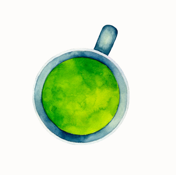 抹茶拿铁牛奶绿茶水彩手绘插图孤立在白色背景。用于设计、印刷、贺卡、包装纸、博客、帖子、菜单、食谱、标签、包装设计。图片下载