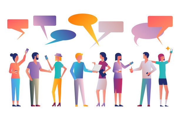舆论的概念。一群年轻的有创意的人与交流泡泡图片下载