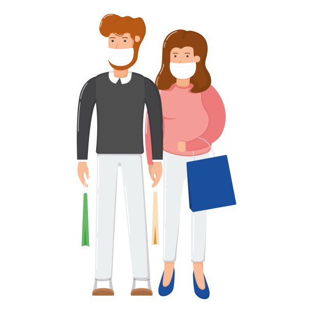 可爱的夫妻性格男人女人拿购物袋包装，圣诞快乐购买礼物卡通矢量插图，孤立在白色。图片下载