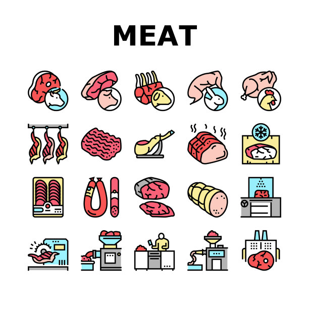 肉类工厂产品收集图标设置矢量图片下载