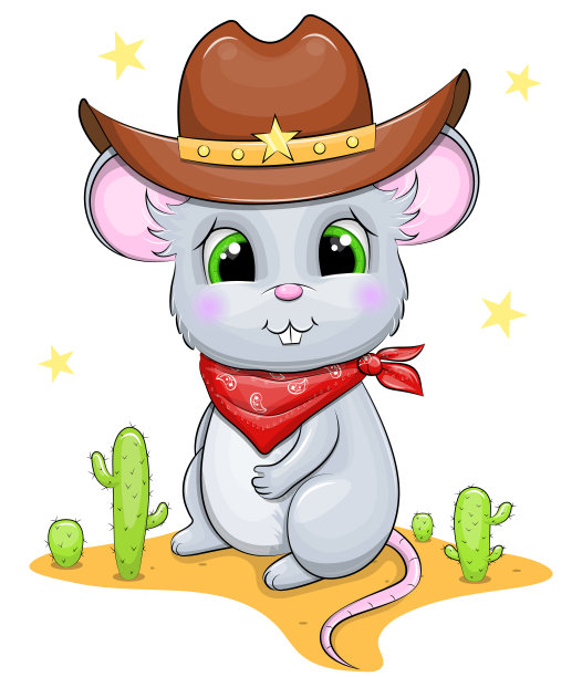可爱的卡通老鼠在牛仔帽和围巾。图片下载