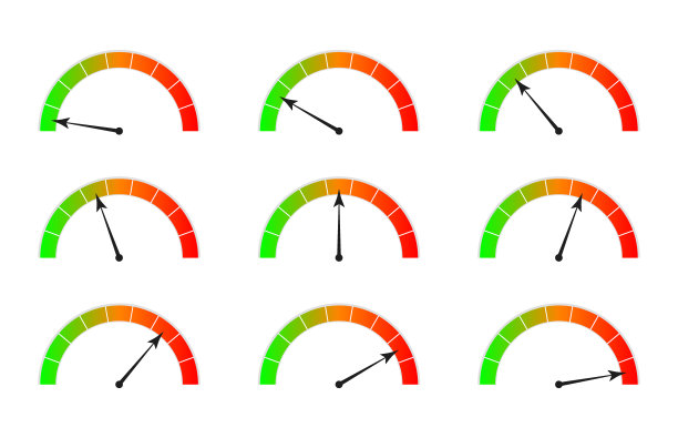 一套速度性能指标。转速表和指标。缩放颜色与箭头。速度计图标。性能测量。股票矢量插图在白色孤立的背景。图片下载