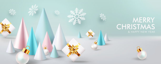 圣诞新年背景，3D圆锥圣诞树、礼品盒、雪花抽象设计素材图片