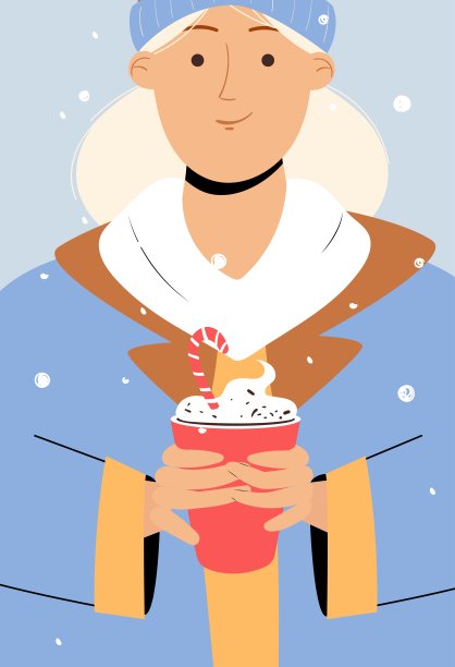 女孩用杯子装着冬天的热饮。矢量插图为圣诞节和冬天的问候图片下载