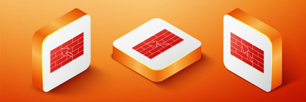 等距砖墙与泥铲图标隔离在橙色背景。橙色平方按钮。向量图片下载