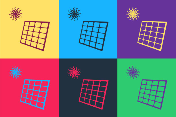 波普艺术太阳能电池板和太阳图标隔离在彩色背景。向量图片下载