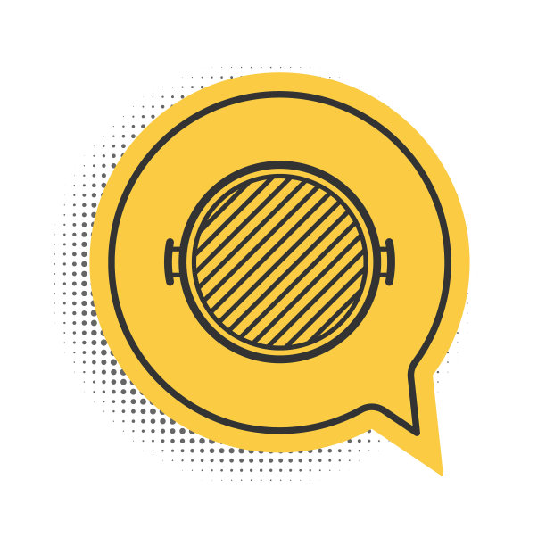 黑色烧烤架图标孤立的白色背景。俯视图烧烤架。黄色语音气泡符号。向量图片下载