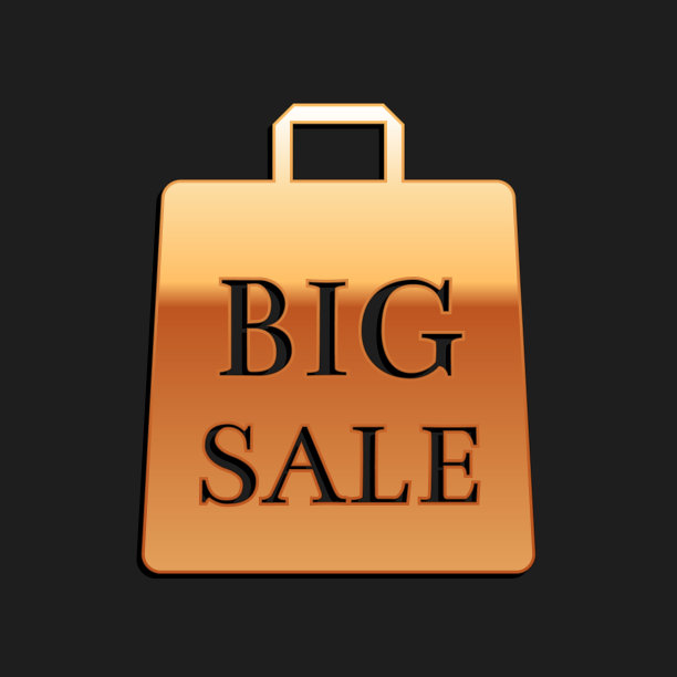 黄金购物袋与题词大减价图标孤立在黑色背景。手提包的迹象。女人包图标。女性手袋的迹象。长长的阴影风格。向量图片下载