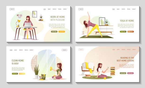 为家庭活动或休闲设置的网页。呆在家里的概念。女人打扫房间，做瑜伽，读书，工作。图片下载