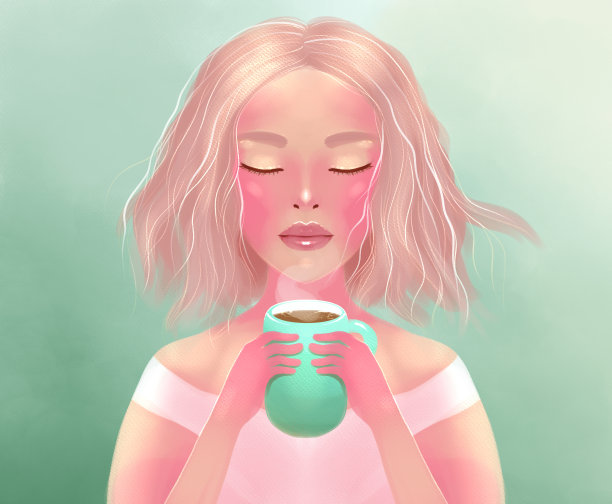 插图的一个金发女孩与一杯茶或咖啡在她的手中。女孩闭上眼睛，愉快地闻着热饮的香味图片下载