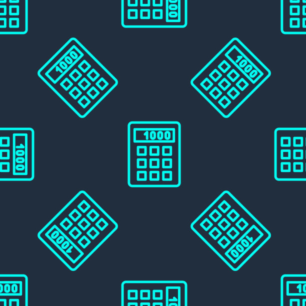 绿线计算器图标隔离无缝模式上的蓝色背景。会计的象征。商业计算、数学教育和金融。向量图片下载