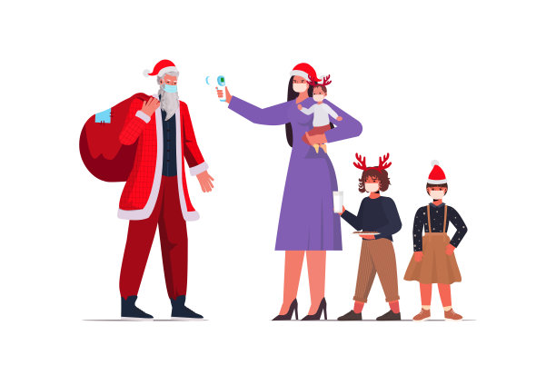 母亲带着孩子检查圣诞老人的体温冠状病毒隔离自我隔离概念图片下载