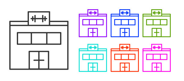 黑线体育馆建筑图标孤立在白色背景上。体育俱乐部。设置图标丰富多彩。向量图片下载