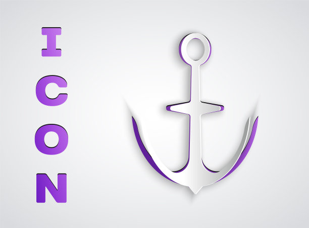 剪纸锚图标孤立在灰色背景。纸艺术风格。向量图片下载