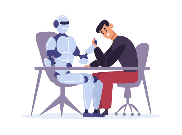 人类和机器人扳手腕比赛。人类对人工智能，坐在桌边对抗图片下载