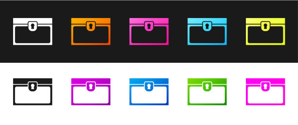 设置古董宝箱图标孤立在黑白背景上。复古木制箱子与金币。向量图片下载