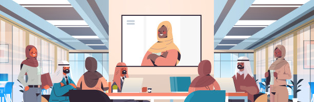 阿拉伯医学专家小组与女黑人穆斯林医生进行视频会议，医疗保健图片下载