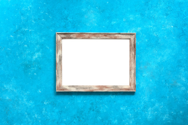 空白的白色相框模拟在蓝绿色垃圾背景。模板为您的设计。图片下载