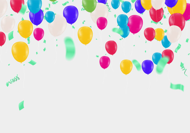背景上点缀着色彩鲜艳的星星和气球。节日生日派对矢量海报。庆祝活动说明。图片下载