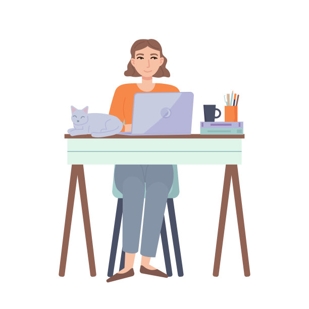 女孩在家工作。远程学习。家庭办公室自由职业者禁闭远程工作在线教育隔离概念股票矢量插图在平面卡通风格孤立的白色背景。图片下载