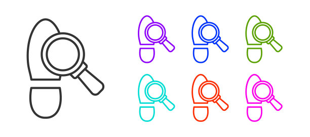 黑线放大镜与脚步图标孤立在白色背景。侦探正在调查。去追随脚步。设置图标丰富多彩。向量图片下载