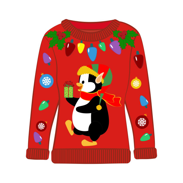 圣诞晚会丑陋的毛衣与企鹅矢量插图图片下载
