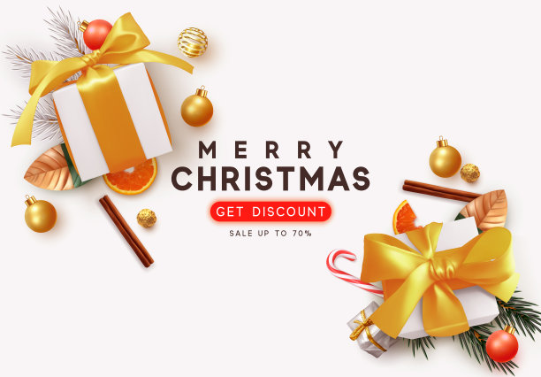 圣诞节销售。新年快乐。背景逼真的节日礼盒。圣诞礼物。白色盒子与黄色丝带礼物惊喜，金色圣诞小玩意，球，松树，云杉枝，糖果糖果图片下载