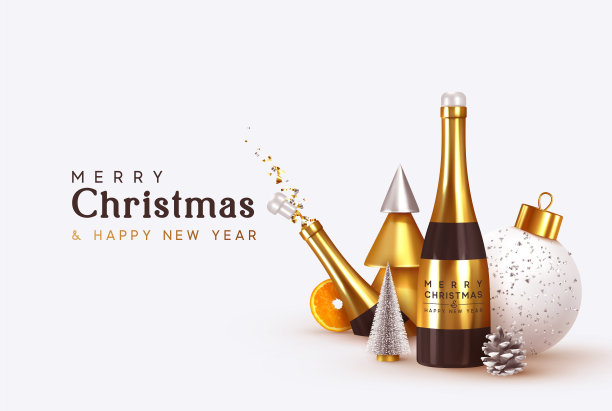 圣诞节的抽象背景。逼真的设计对象，爆炸瓶塞从瓶香槟葡萄酒，三维渲染金属圆锥形金树，郁郁葱葱的绿树，橙色，白色的大球，闪闪发光的金色五彩纸屑图片下载