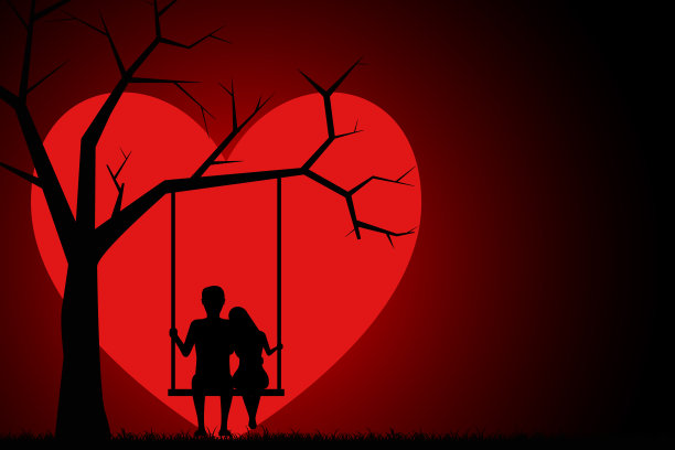 一对年轻的恋人坐在秋千上的剪影，背景是月亮，形状是一颗心。夕阳西下，一对恋人坐在秋千上。情人节卡片。矢量图图片下载