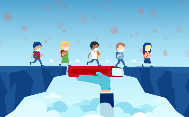 老师手戴手套拿着书的载体，弥合了在冠状病毒大流行期间儿童戴口罩的小学教育差距图片下载