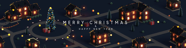 圣诞夜的城市。冬季圣诞村景观，乡乡村舍，装饰新年花环，模糊灯光散科。节日横幅，网页海报，贺卡，封面。矢量图图片下载