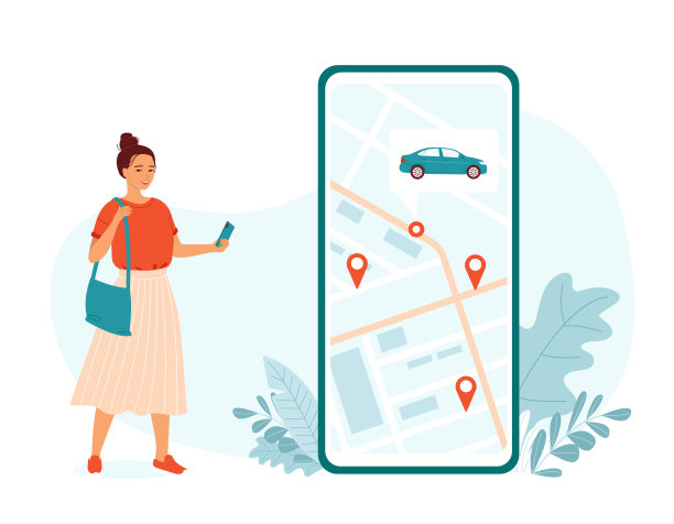 一名年轻女子手持智能手机站在那里，正在使用智能手机上的租车应用程序。快速在线出租车搜索概念，城市汽车共享。矢量插图。图片下载