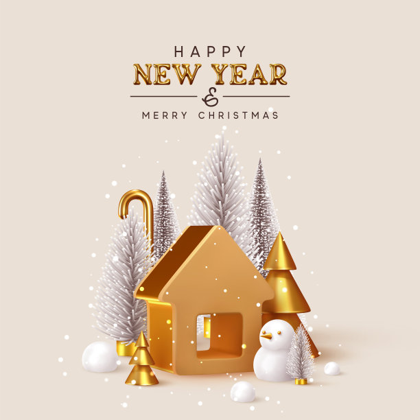 新年快乐!圣诞树郁郁葱葱和3d金色圆锥形冷杉，构成冬天的雪花。金房子。新年黄金金属卷标题文本。圣诞礼物卡。创意时尚的背景图片下载
