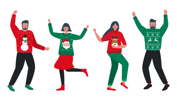 丑陋的圣诞毛衣派对。穿着红色和绿色圣诞毛衣的年轻人正在跳舞图片下载