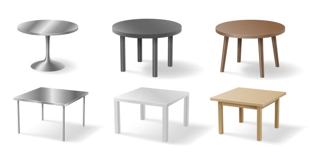 一组逼真的桌子:白色背景上隔离的金属、塑料或木制3d物体图片下载